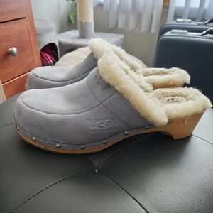 UGG Women's Baby Blue Suede Shearling Lined Clogs